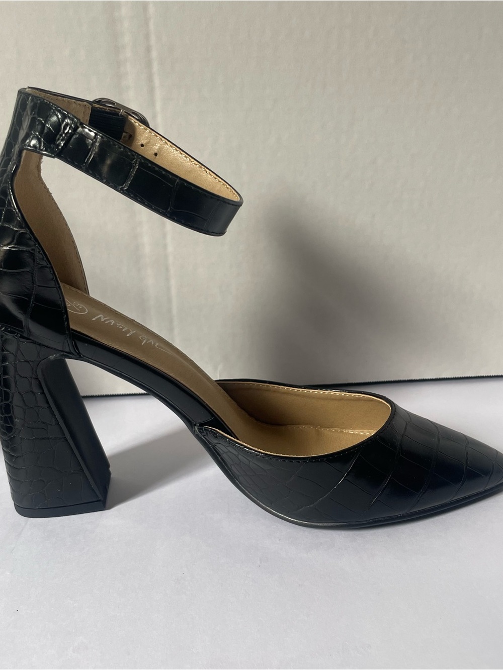 Black Croc-Embossed Ankle-Strap Pointed-Toe Heels - Picture 2 of 8